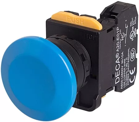 Deca A20B-M4E01S 22 mm Momentary Push Button, Mushroom Head, 1NC, Blue