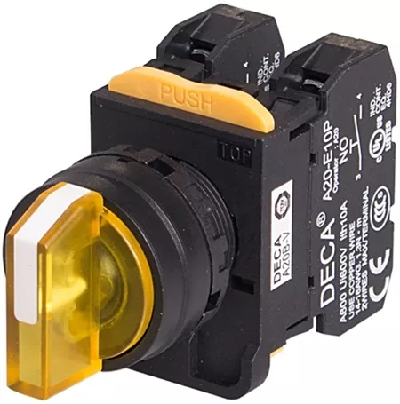 Deca A20F-3E20Q4Y 22 mm Maintained Selector Switch, 3 Position, 2NO, 24V LED, Yellow