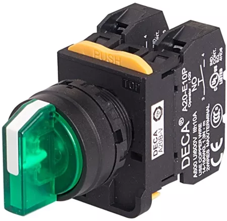 Deca A20F-3E20QHG 22 mm Maintained Selector Switch, 3 Position, 2NO, 110V LED, Green