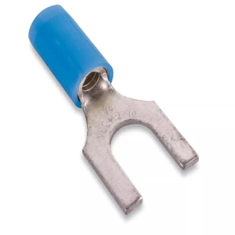 Fork Terminal, Nylon Insulated, 18 – 14 AWG, # 8 Stud Size, Blue (100PK) By Thomas & Betts RB14-8F