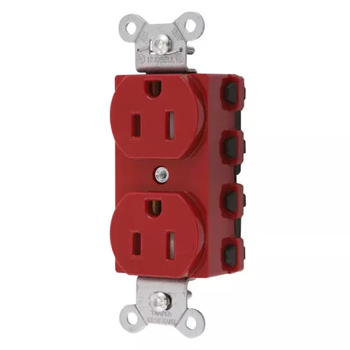 Hubbell SNAP5262RTRA, SNAPConnect Extra Heavy Duty Receptacles, Specification Grade, Duplex, Tamper Resistant, Smooth Nylon Face, 15A 125V, 5-15R, 2-Pole 3-Wire Grounding, Red