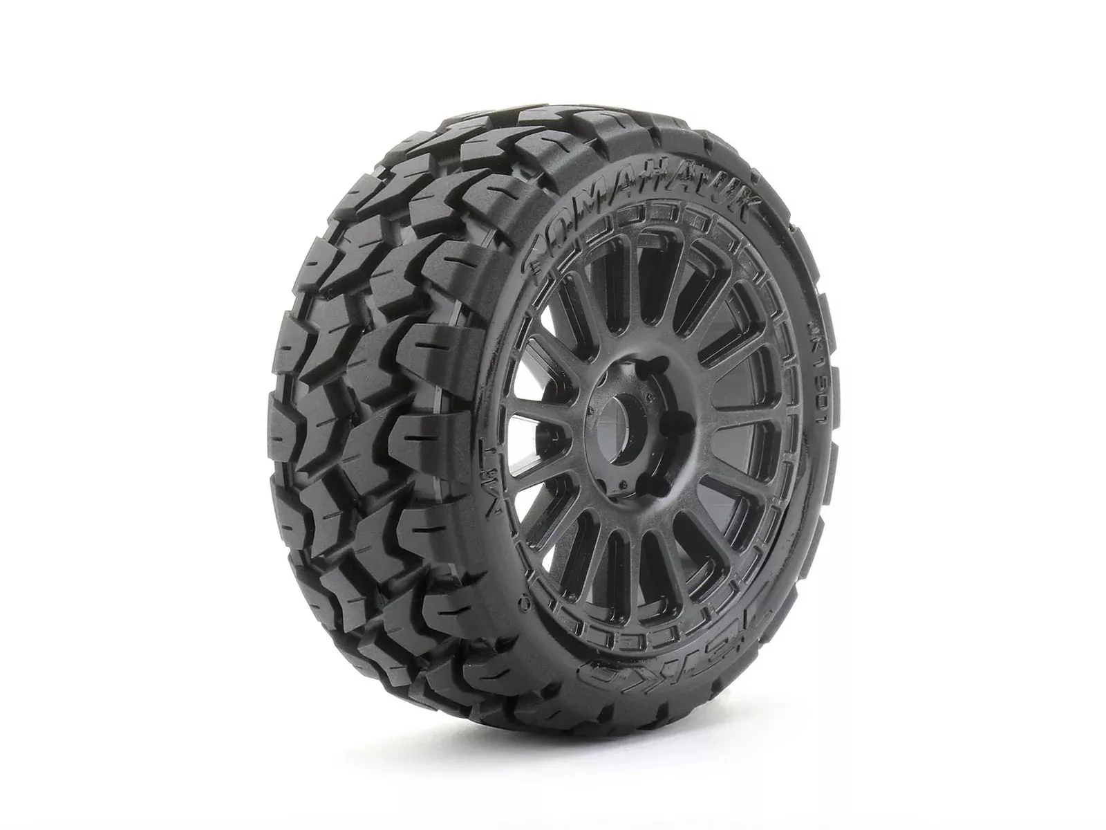 JETKO 1/8 Buggy Tomahawk Tires Mounted on Black Radial Rims, Medium Soft, Belted