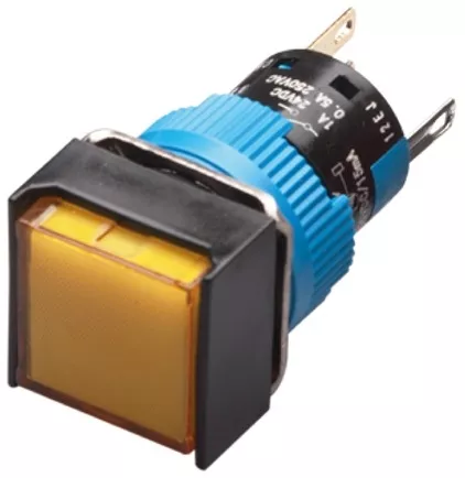 Kacon K16-381-Y-6V 16 mm Yellow Maintained Push Button, Square, SPDT, 6V DC LED