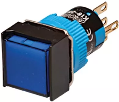 Kacon K16-382-B-6V 16 mm Blue Maintained Push Button, Square, DPDT, 6V DC LED