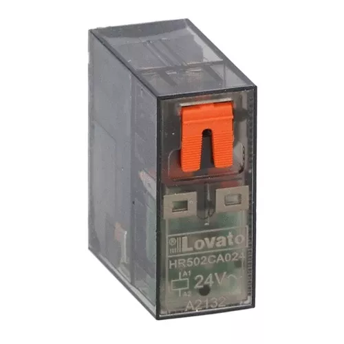 Lovato HR502CA024, Miniature Relay with LED Indicator and Mechanical Actuator, 2 Changeover Contacts, Maximum 8A, 24VAC Control Voltage