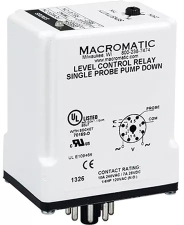 Macromatic LCP2B250F60 120V Single Probe Liquid Level Relay, Pump Down, 1K to 250K, 60 Sec Delay